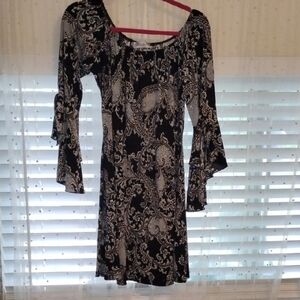 RB Couture Women's Black and White Paisley Bell Sleeve Dress, Size: M